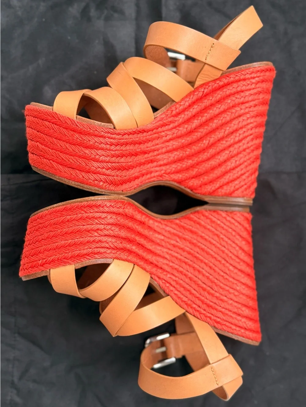 Ralph Lauren Purple Label Tan Leather Platform Sandals with Red Trim